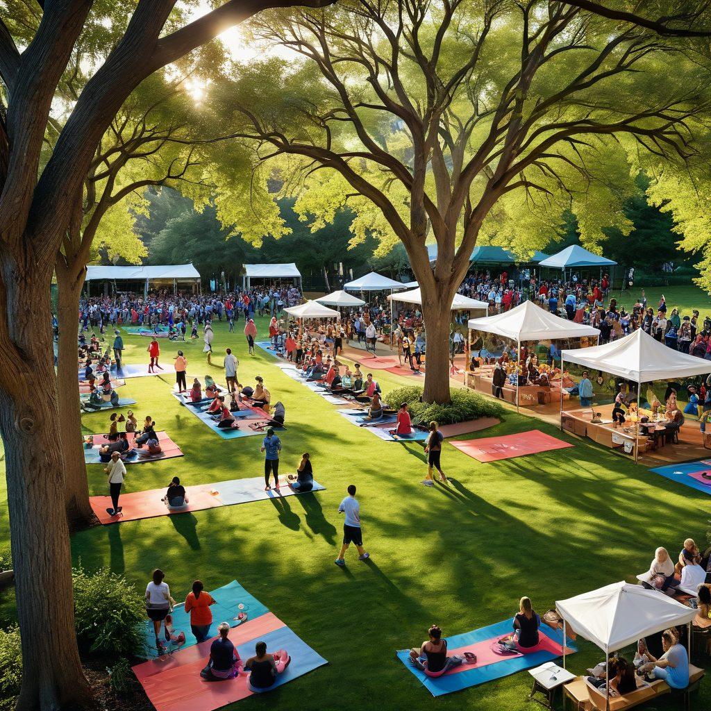 A vibrant community gathering in a park, showcasing people of diverse backgrounds participating in heart health activities like jogging, yoga, and nutrition workshops. Include heart-shaped decorations and informative banners about heart health. Sunlight filters through green trees, creating an inviting atmosphere. super-realistic. bright colors. aerial view.