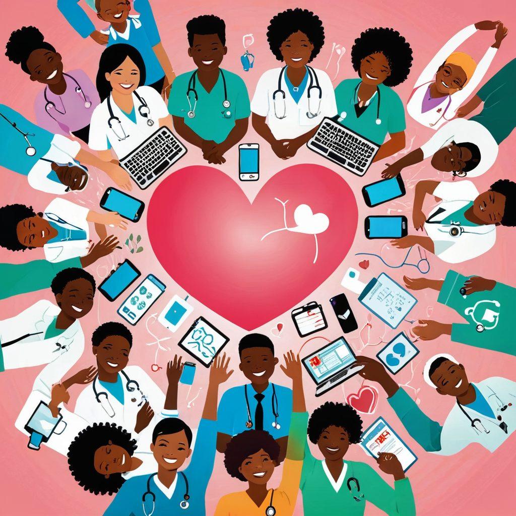 A vibrant heart-shaped graphic with various innovative medical devices and technologies surrounding it, symbolizing the connection between fundraising and cardiac health advancements. Include diverse people engaged in fundraising activities, showcasing unity and determination. The background features a subtle gradient representing hope and progress. super-realistic. vibrant colors.