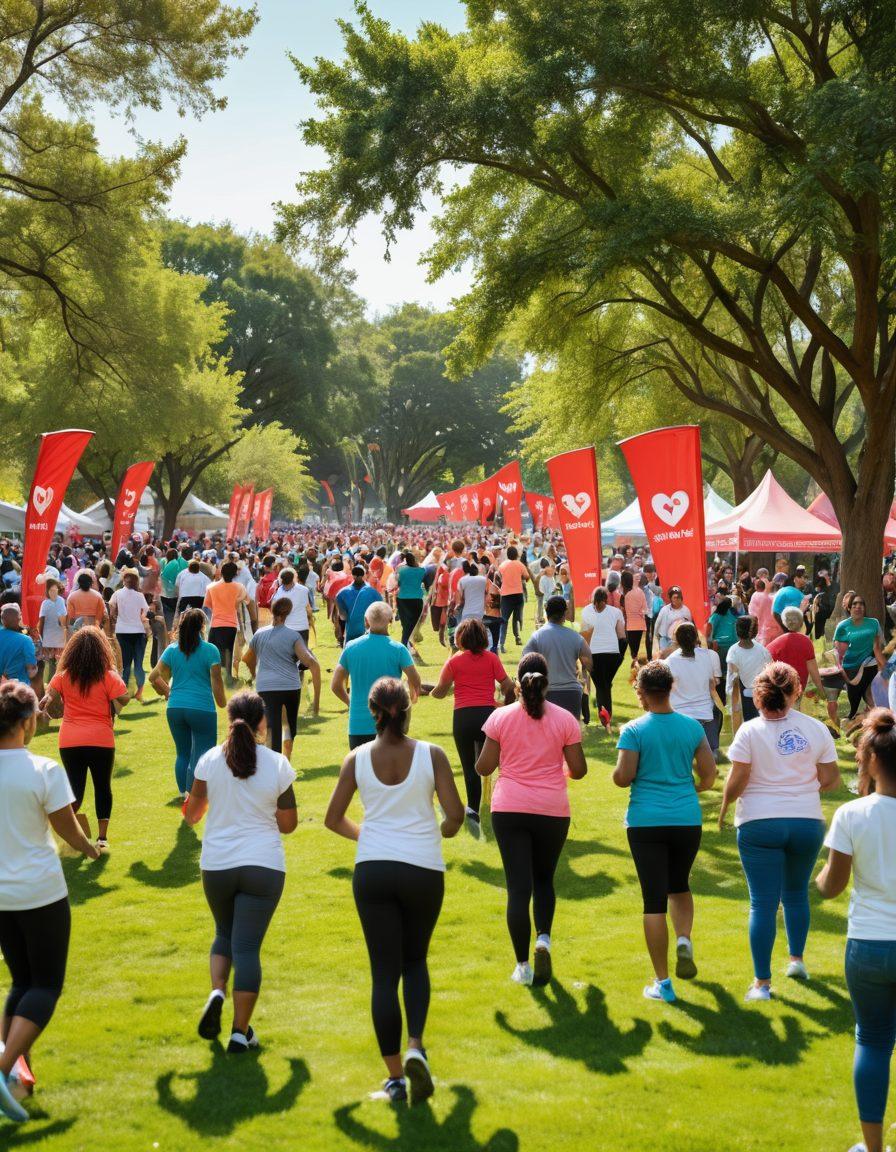 A diverse group of individuals participating in a community heart health event, engaging in activities like fitness classes, health screenings, and informative workshops. Include vibrant banners promoting heart health awareness, with a backdrop of green parks symbolizing community togetherness. The scene should radiate positivity and inclusiveness, showcasing collaboration between health professionals and community members. bright colors. super-realistic.